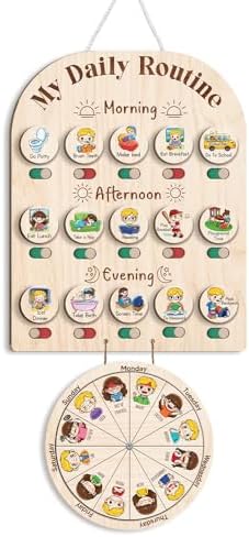 Personalized Wooden Daily Routine with Emotion Wheel, Daily Chore Chart for Kids, Behavior Chart at Home for Toddler, Visual Schedule with Feeling Wheel for Kids Boys Girls by TinyKidz