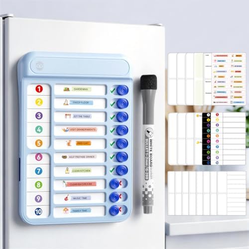 Magnetic Chore Chart Board with Sliders 19 Personalizable Sheets and Marker, Magnetic Fridge Whiteboard for Checklist Chore Chart for Multiple Kids, Daily Routine Chart for Habit Tracker - Blue by Home