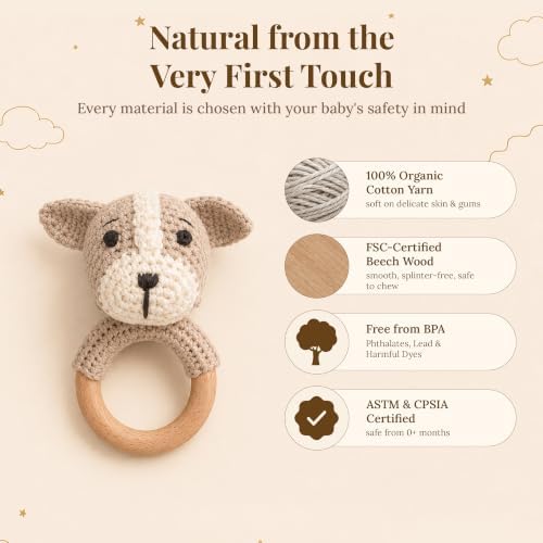 Néa Archí Crochet Baby Rattle, Organic Cotton & Beech Wood, Dog - Image 4