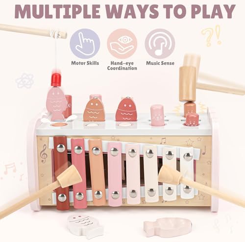 Joyreal Pink Wooden Montessori Toys for 1 Year Old Hammering Pounding Toys - Image 6
