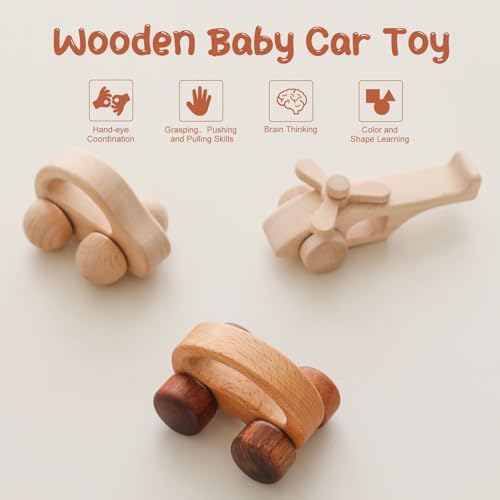 Wooden Baby Car and Airplane Toys,Wood Push Car for Toddler Montessori Baby Grip Toy Car,Gifts for Boys and Girls,Push and Pull Toy Car 3 Pieces - Image 2