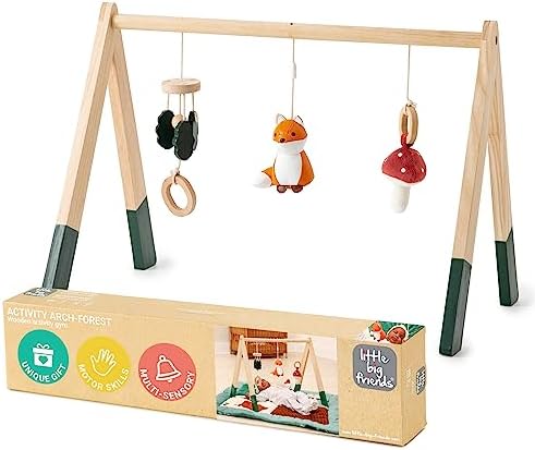 Little Big Friends Wooden Baby Activity Gym – Montessori Play Gym for Babies | Encourages Motor Skills & Sensory Development | Includes Crinkle Fabrics, Wooden Chimes & Hanging Toys – Forest by LittleBigFriends
