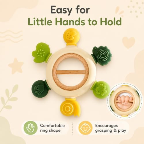 Baby Teether Rattle Toy with Silicone Textured Teething Pieces & Wooden Ring, Montessori Sensory Toy, Easy-Grip BPA-Free Teether for Infants 3–12 Months - Image 2