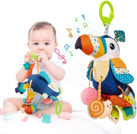 Jollybaby Musical Activity Pull String Hanging Toy for Baby Stroller Car Seat Crib Play Gym, Plush Stuffed Toucan Toy for Carseat with Music Teether Rattles, Sensory Toy for Baby Gift by Jollybaby