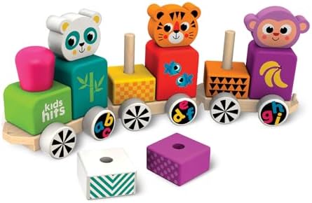 Kids Hits Wooden Train – Happy Friends 15-Piece ABC Animal Stacking Train Toy with Pull-Along Function for Toddlers 1+, Montessori Alphabet & Logic Toy by KidsHits