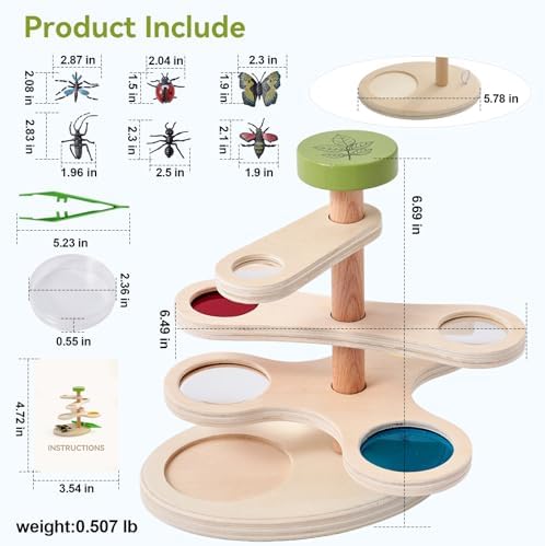 Insect Observation Kit for Kids, Multi-Magnification Rotating Viewer with Color Filters, Wooden STEM Nature Exploration Science Toy with Tweezers, Petri Dish and 6 Insect Models, Gift for Ages 4-8 - Image 2