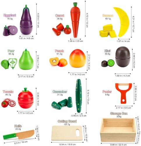 Wooden Play Food for Kids Kitchen, Fruit & Veggies Cutting Set for Toddlers - Image 5