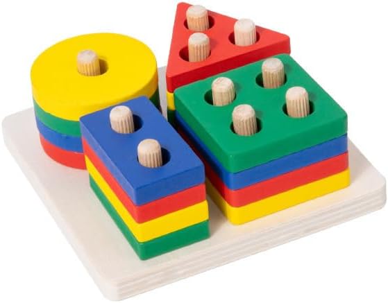 Practical Life/Sensory Geometric Column Colors & Shapes Puzzles Stacking Tower: Wooden Blocks 2-6 Years Old Toddlers Color Recognition Toy Educational Occupational Therapy STEM Gift by EduLandMontessori
