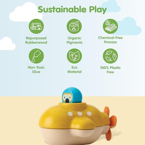 PlanToys® Submarine Wooden Baby Bath Toy for Toddlers, Waterproof Pool Fun - Image 3