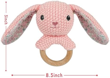 Baby Toys Stuffed Animals Handbell,Rabbit Rattle Toy Wooden Rattle Toys for Baby,Knit Bunny Stuffed Animal Cute Rattle with Teether Ring Newborn Birthday Gifts（Bunny） - Image 4