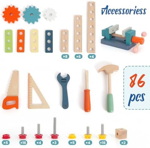 Kids Tool Bench with 86Pcs Accessories, Wooden Toddler Workbench for Boys Girls Age 3-5, Pretend Play Construction Tools Set with Saw Hammer Wrench Chalkboard & Large Storage - Image 2