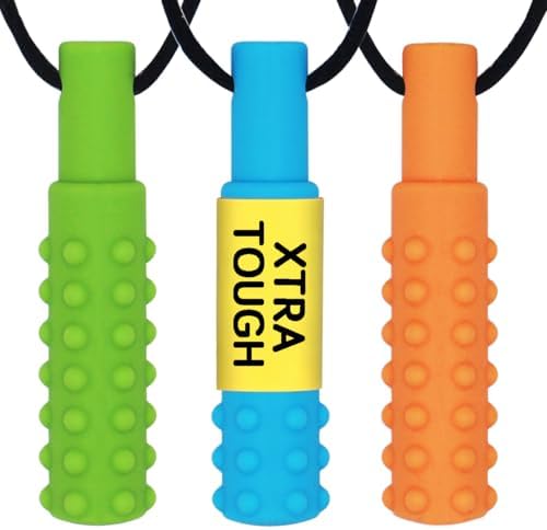 Xtra Tough (XT) Sensory Chew Necklace (3 Pack) - Sensory Oral Motor Aids Teether Toys for Autism, ADHD, Baby Nursing or Special Needs- Designed for Moderate & Aggressive Chewer by QUALEAP