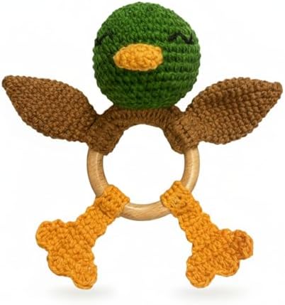 Wooden Baby Rattle for Boys and Girls, Crochet Stuffed Animal for Newborn, 3 4 5 6 Month Toys, Mallard Duck by Vlokup