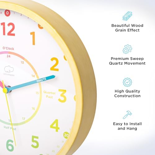 LittleHippo Learning Clock for Kids for Teaching to Tell Time - Kid's Analog, Silent, Non-Ticking Wall Clock for Bedrooms, Nursery, Playroom, School Classroom, Study to Learn to Tell Time - Image 2
