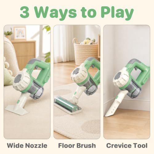 3-in-1 Kids Vacuum that Really Works - Toddler Vacuum Cleaner with Real Suction, Pretend Play Housekeeping & Cleaning Toy Set for Kids Ages 3+ (Green) - Image 3
