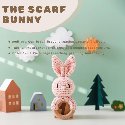 Moyii Natural Wooden Baby Rattle - Organic Crochet Bunny Teether Ring - Montessori Sensory Grasping Toy for Infants 0-12 Months, BPA-Free Handmade Newborn Shower Gift - Image 2