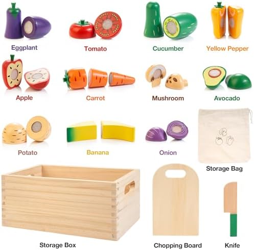 Wooden Play Food Set for Kids Kitchen, Cutting Veggies & Fruits Toy Set - Image 4