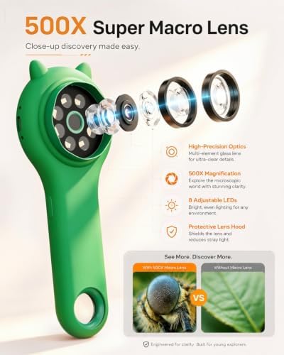 Nature Exploration Microscope for Kids, 500X Portable Digital Microscope with 2" IPS Screen, Plant Leaf Observation STEM Toy Age 5-12 (Green) - Image 3