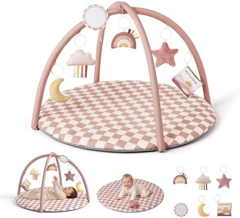 Blissful Diary Baby Play Gym Mat, Play Mat Activity Mat with 6 Detachable Toys for Stage-Based Sensory & Motor Skill Development, Easy to Install & Clean, Baby Essentials Gift, Blush Checkered by BlissfulDiary