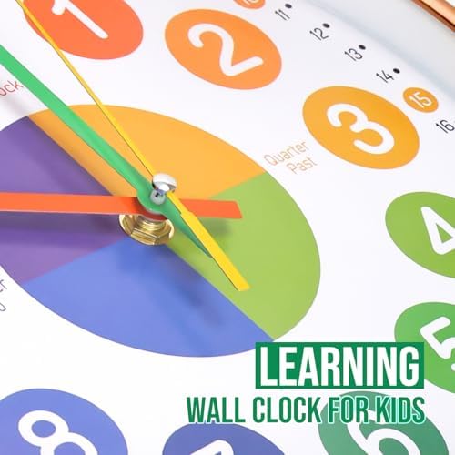 Kids Wall Clock Telling Time Silent Non-Ticking Learning Clock Colorful Teaching Wall Clocks Round Plastic Analog Educational Decor Clock for Classroom, Playroom (EDU1-Rose Gold, 10 inch) - Image 5