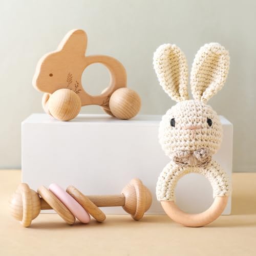 let's make Wooden Baby Rattle 3 PCS Push Car Rattle Set Crochet Rattle Ring Wooden Montessori Toy for Newborn Infant Baby Gifts (Rabbit Rattle) by letsmake
