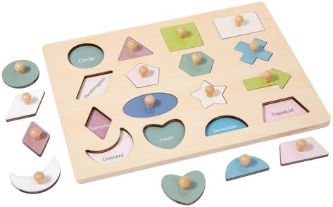 Montessori Toy for Babies 18-24 Months Wooden Shape Puzzles for Toddlers 1-3,Shape Peg Puzzles,Baby Puzzle 18-24 Months with Knob,Color & Shape Sorter for Toddlers(16 Geometric Shapes) by YunHeXinQiaoToysFactory