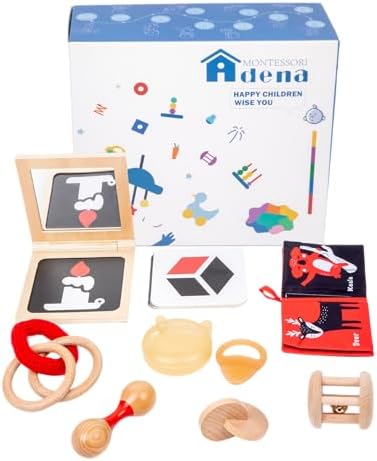Adena Montessori Play Kit for 3-4 Months Baby,8 in 1 Wooden Learning Educational Toys for Toddler,Include Framed Mirror Book,High-Contrast Cards and More,Christmas Birthday Gift for Boys Girls by AdenaMontessori