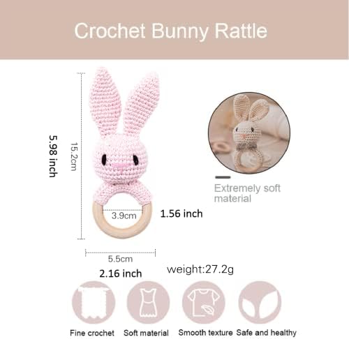 WOODEN TEETHER Crochet Baby Rattle, Crochet Baby Toys, Easter Bunny Rattle, Newborn Animal Rattle Toys，Knitted Stuffed Animals Gifts for Baby, Pink Bunny - Image 4