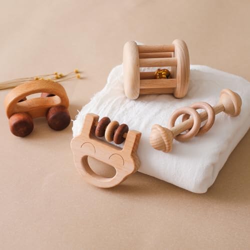 Wooden Baby Rattle Set, Newborn Wooden Rattle Toy, Natural Wooden Montessori Baby Grip Toy, Baby Gift Toy, Wood Rattle Set-2 - Image 3