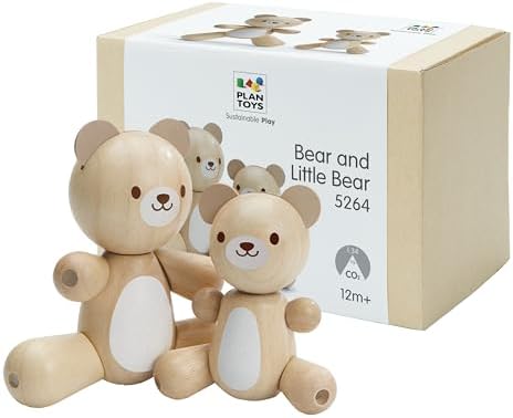 PlanToys® Bear & Little Bear Wooden Rattle & Teether Set | Montessori Sensory Toy for Grasping, Auditory Learning & Motor Skills | Eco-Friendly Infant Educational Toy by PlanToys