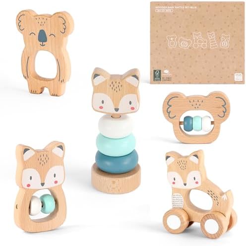 Wooden Montessori Toys, 5-Piece Wooden Baby Toy, Koala Baby Rattle, Fox Stacking Ring, Little Fox Push and Pull Toys,Koala Holding Toy,Newborn Baby Gift Sets for Boys and Girls by Unknown