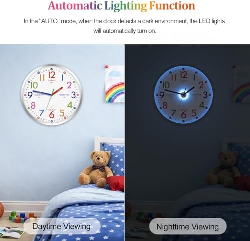 JoFomp Telling Time Teaching Clock, 12 Inch Illuminated Wall Clock for Kids Bedroom, LED Wall Clock Battery Operated, Silent Learning Clock for Kids, Teachers & Classroom, Light Sensor - Auto Lighting - Image 3