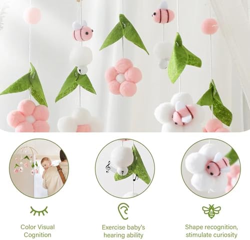 Wooden Bed Bell Crib Mobile with Music Box – Soft Felt Cartoon Bear Hanging Rattle Toy for Nursery Decor, Handcrafted Montessori-Inspired Crib Mobile - Image 2