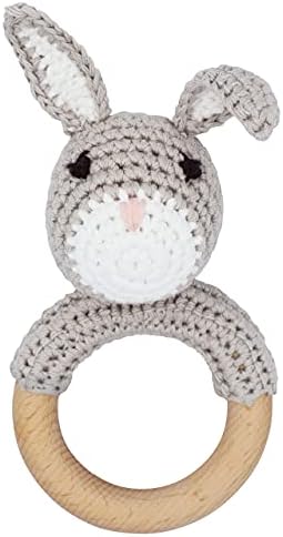Joliecraft Natural Wooden Baby Rattle Soft Shaker Toy with Teething Ring for Infants Gray Bunny by Joliecraft