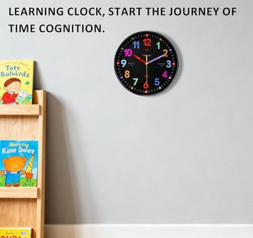 Learning Wall Clock, 12 Inch Classroom Clock, Battery Operated Silent Analog Wall Clocks for Bedroom Classroom Decor, Homeschool Supplies Telling Time Teaching Clocks for Kids, Black - Image 2