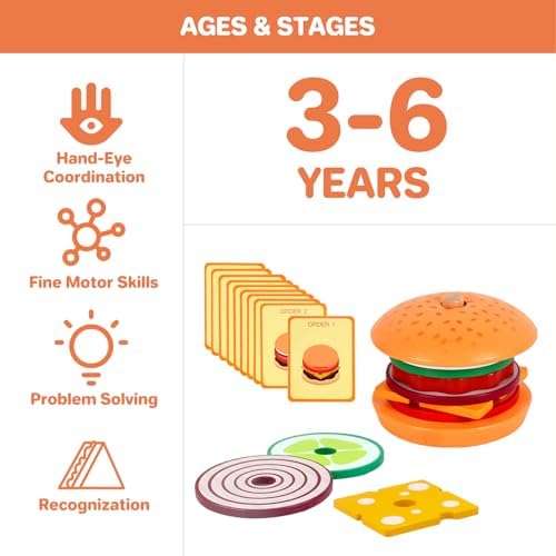 Wooden Burger Stacking Toys Montessori Toys For Toddlers Preschool Education Activity Board Game Early-Education Matching Speed Race Pretend Toy Food Back To School (Burger) - Image 5