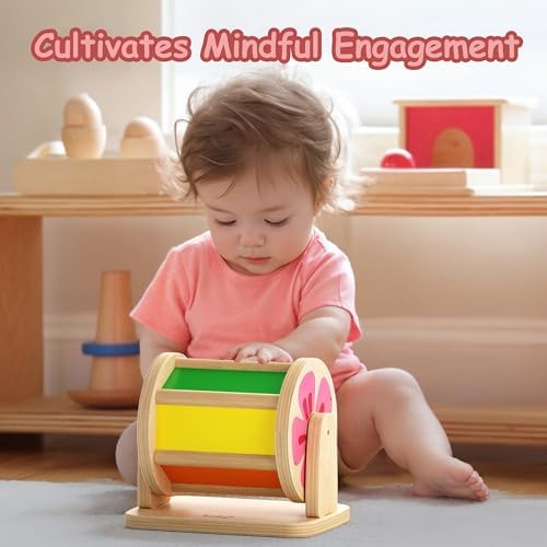 Dailyfunn Montessori Toys Wooden Spinning Drum Tummy Time Floor Mirror Toy for Babies Toddlers 1-3 Years Old - Image 5