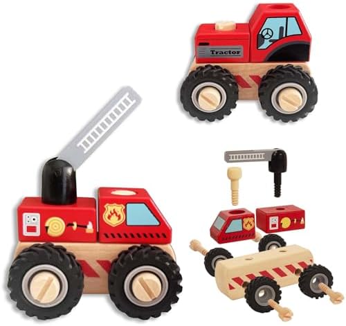 Construction Vehicles for Toddlers, 2 Pcs Wooden Detachable Assemble Cranes and Tractor, Kids Vehicle Toys Hand Push Car Toys for 3 Years Old Boys Girls by WoodenEdu