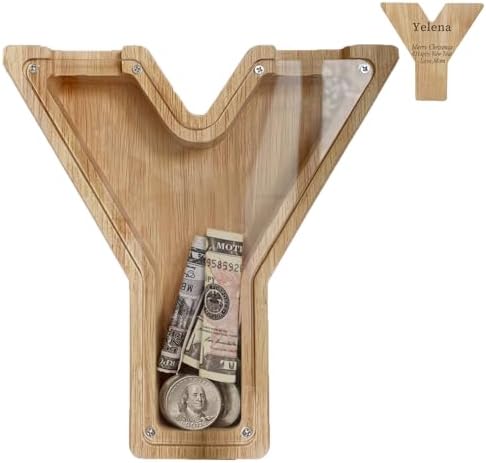 Wooden Letter Piggy Bank for Kids Boys Girls,Personalized Piggy Bank (Laser Engraving),A-Z Letters Coin Bank Money Box Customized Name, for Family Christmas Birthday Gift (Y) by FINDAMAZE