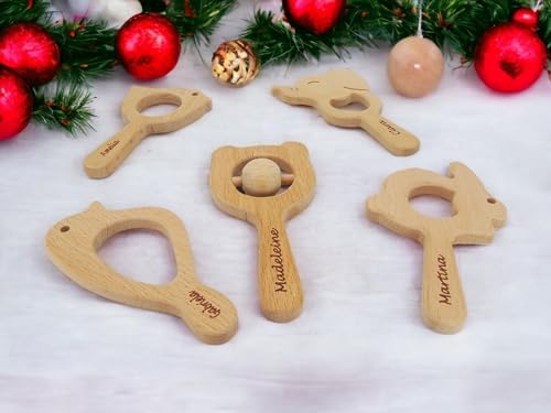 Personalized Wooden Baby Teether Rattle Set as a First Birthday Gift, ustomizable Newborn Baby Rattle Teether Baby Shower Gift, Welcome Baby Gift, 5 Pieces Montessori Wooden Babies Toys 0-6 Months - Image 5