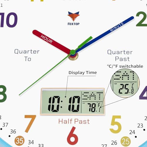 Foxtop Digital and Analog Learning Clock for Kids - Telling Time Teaching Clock 12 Inch Silent Non-Ticking Battery Operated Kids Wall Clock for Kids Room Playroom Nursery Classroom School (Blue) - Image 3