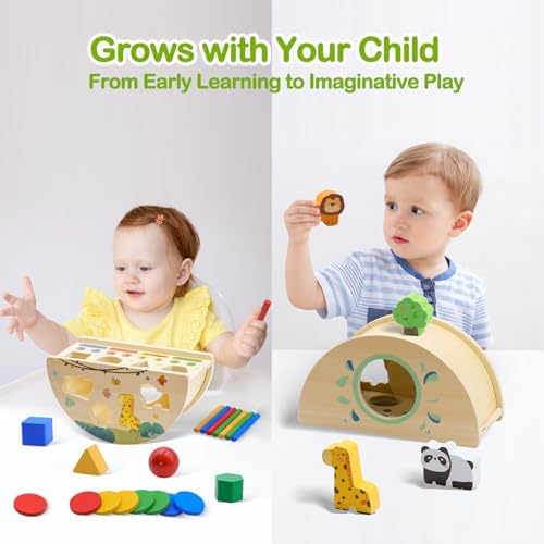 Montessori Busy Box for Toddlers 1-3, Wooden Object Permanence Coin Box with Shape Sorter & Animal Matching, Fine Motor Sensory Learning Toy with Wobble Base, Gift for 1 2 3 Year Old - Image 6