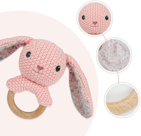 Baby Toys Stuffed Animals Handbell,Rabbit Rattle Toy Wooden Rattle Toys for Baby,Knit Bunny Stuffed Animal Cute Rattle with Teether Ring Newborn Birthday Gifts（Bunny） - Image 3