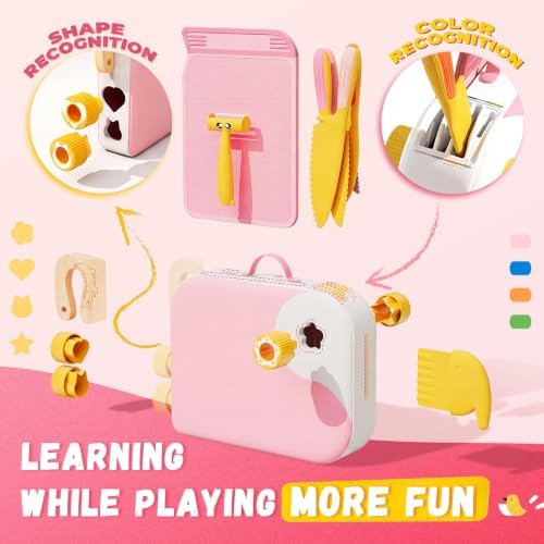 Montessori Kitchen Tools for Toddlers,Kids Knife for Real Cooking,Toddlers Knife Set with Storage Box Kids Safe Knives Children Cutting Set and Peeler,Montessori Toys for Kitchen Set -Pink - Image 2