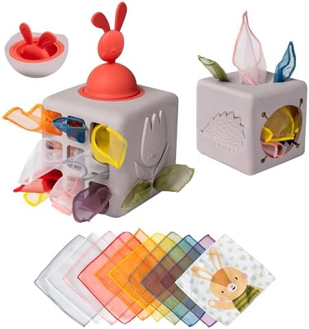 Taf Toys Baby Tissue Box Toy Silicone Baby Toys 6-12 Months Montessori Toys Sensory Activity & 10 Tissues for Fine Motor Development Soft Interactive Silicone Learning Cube for 1 Year Old Toddlers by TafToys