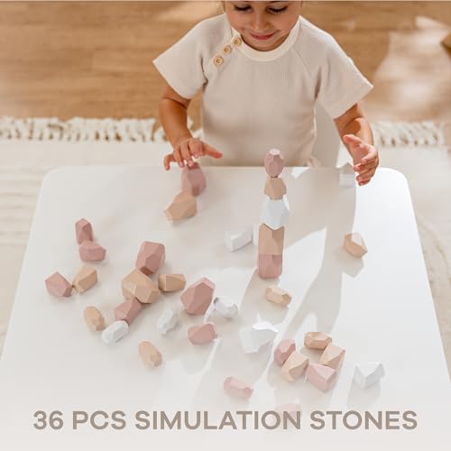 Comfy Cubs Stacking Rocks 36 Pieces, 36 Months+, Educational Toddler Stacking Blocks, Promotes Imagination, Balance & Fine Motor Skills - Wooden Rocks Sensory Toys Gift for Kid, Girl Pack - Image 5