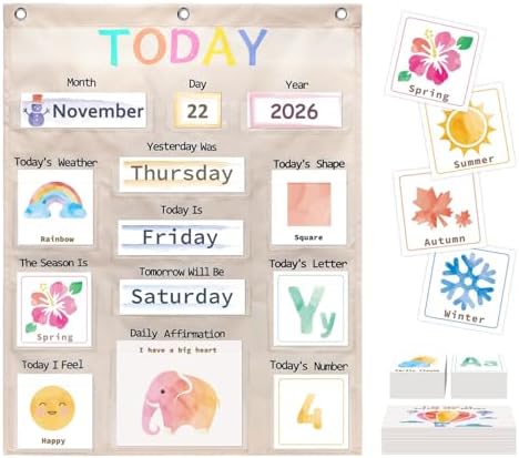Daily Morning Board Circle Time Calendar Weather Seasons Positive Affirmations Letter Shape Number of the Day Pocket Chart,Toddler Preschool Calendar,Homeschool Morning Work Activity, Pastel Design by Harvmax