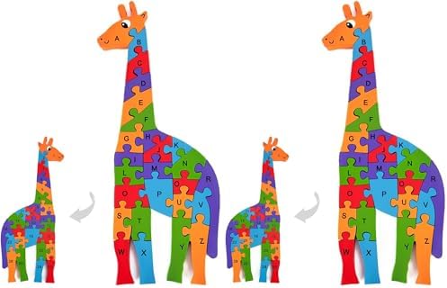 LovesTown Wooden Puzzles for Kids, Double Sided Giraffe Jigsaw with Alphabet & Numbers, Montessori Educational Toy for Toddlers, Chunky Animal Gift (Pack of 2) by Lovestown