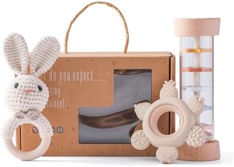 Youuys Wooden Baby Rattle Set (3pcs) - Crochet Rattle Rain Stick Teething Toys, Wooden Montessori Toy for Newborn Infant Baby Rattles Set Toys 3-6-12 Months (Bunny) by YOUUYS