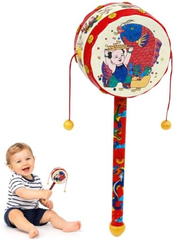 Wooden Baby Drum Toy, Traditional Chinese Spinning Rattle Drum for Newborns Infants, Natural Wood Sensory Toy for Hearing Development (7.5 Inch by Toddmomy